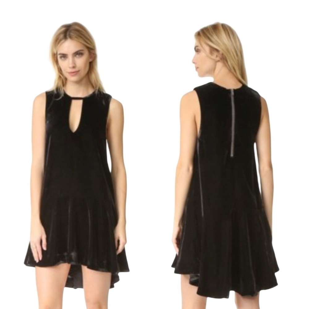 Free‎ People Black Velvet Keyhole Mini Dress Sleeveless Drop Waist Ruffle Hem S